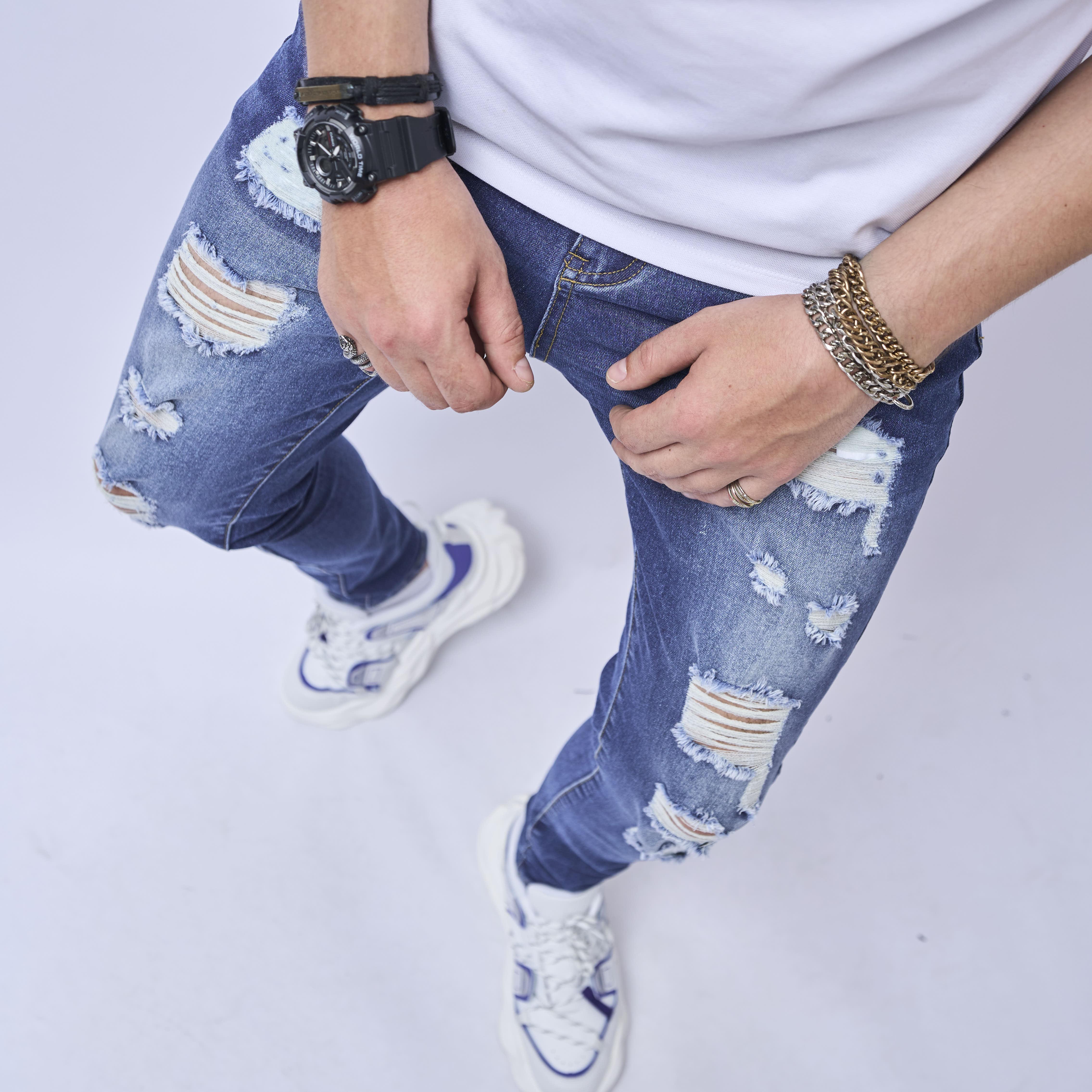 Men's Stretch Slim Fit Ripped Jeans - Distressed Denim Pants, Flex Waist, Skinny Straight Leg
