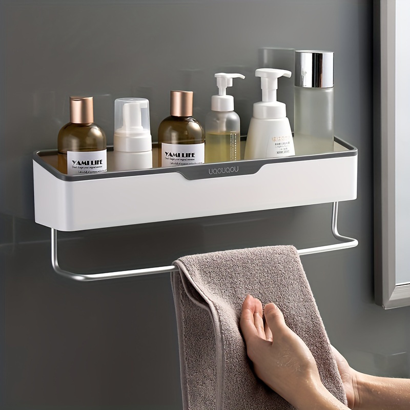 1pc Bathroom Storage Rack With Towel Bar, Self Adhesive Drain Shelves,  Modern Wall Mounted Hanging Storage Shelf, Bathroom Accessories