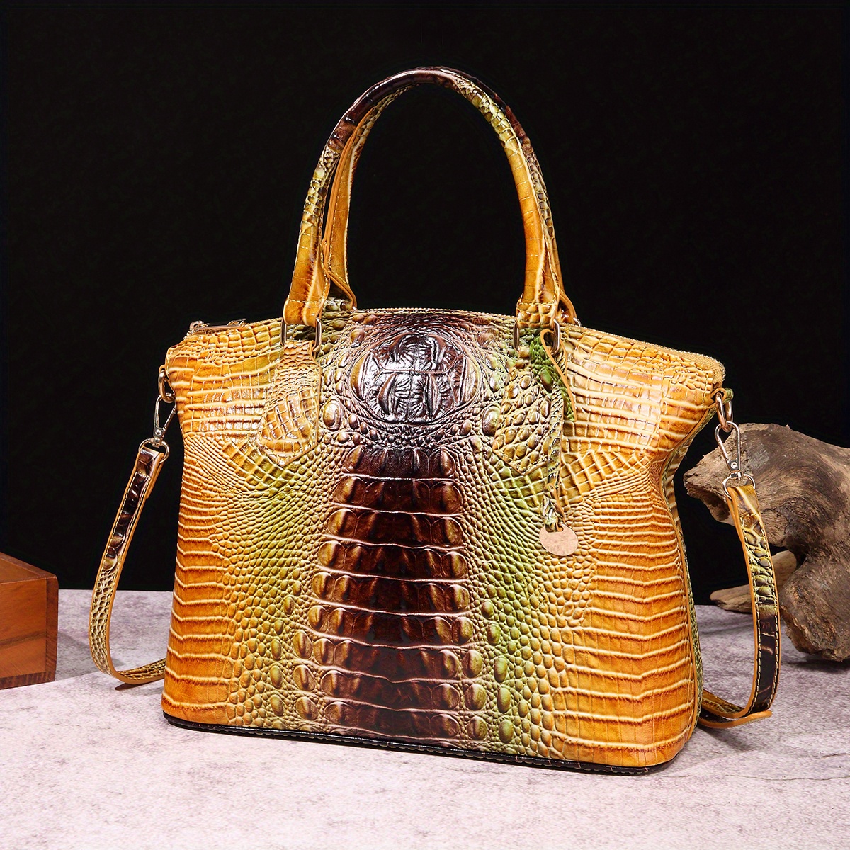 Brahmin Duxbury Satchel Alligator Blue and Gold Crossbody Bag Top Handle Leather