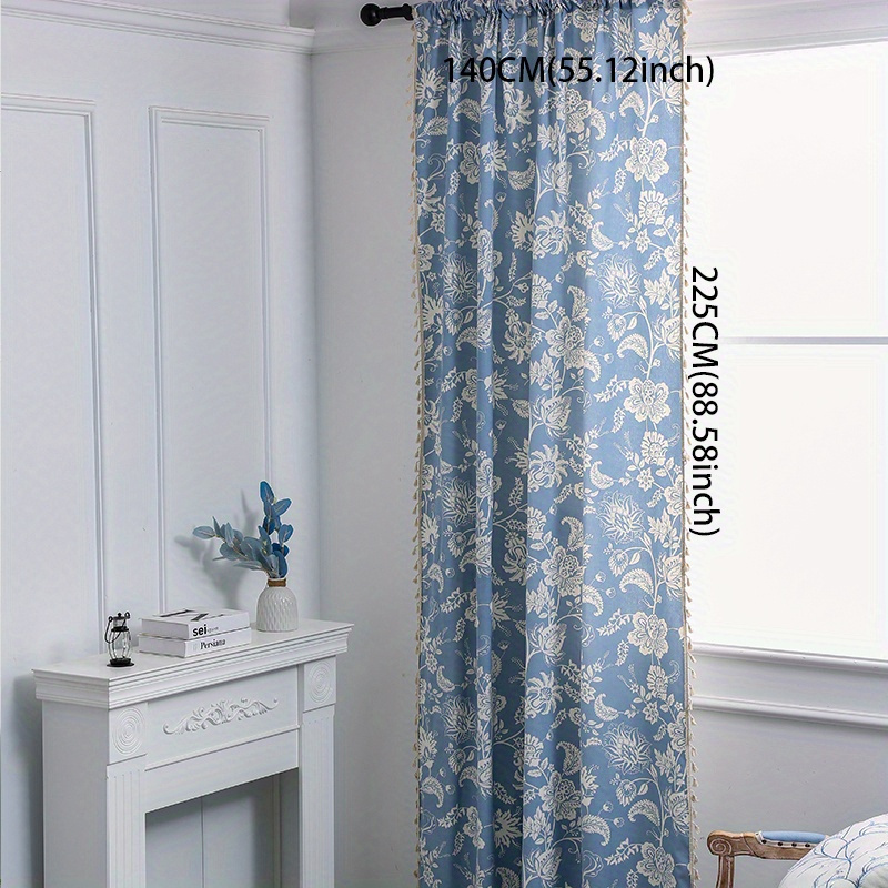 1pc Fresh And Elegant Blue Curtain, White Flower Printed Rod Pocket Curtain For Bedroom Office Room Study Home Decor