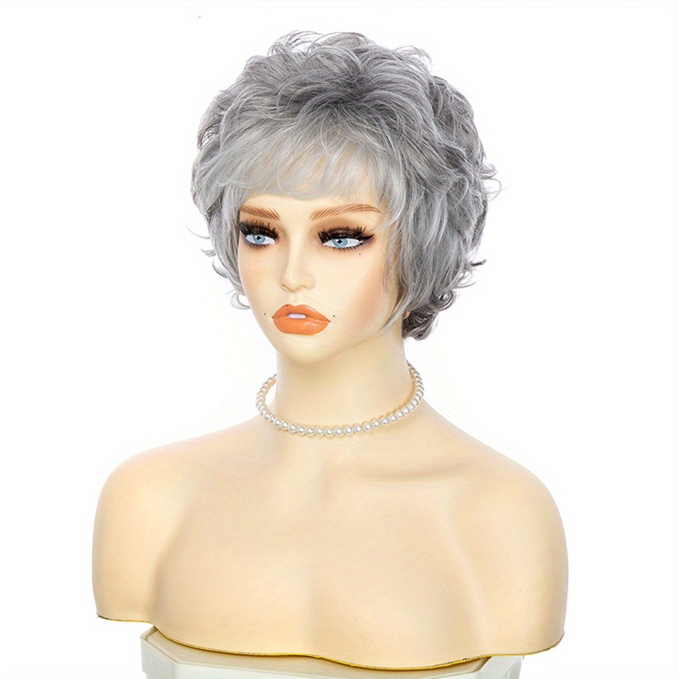 Silvery White Short Curly Wigs Bangs Women Short Pixie Cut - Temu