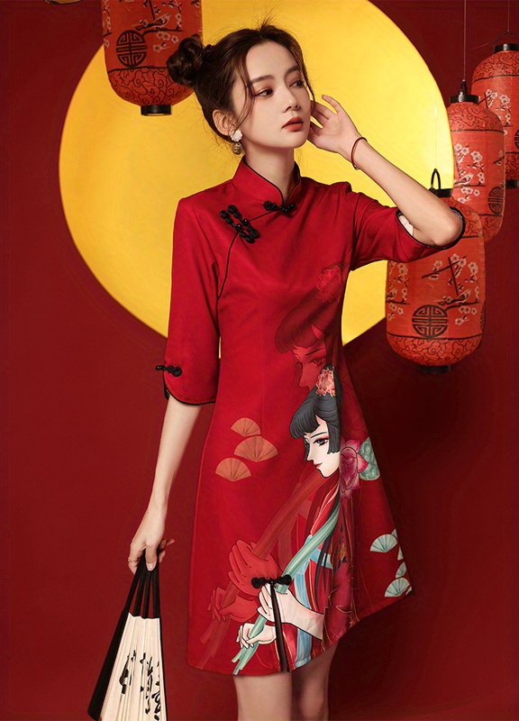 Girl Print Cheongsam Dress Vintage Chinese Style Slim Qipao - Temu Canada