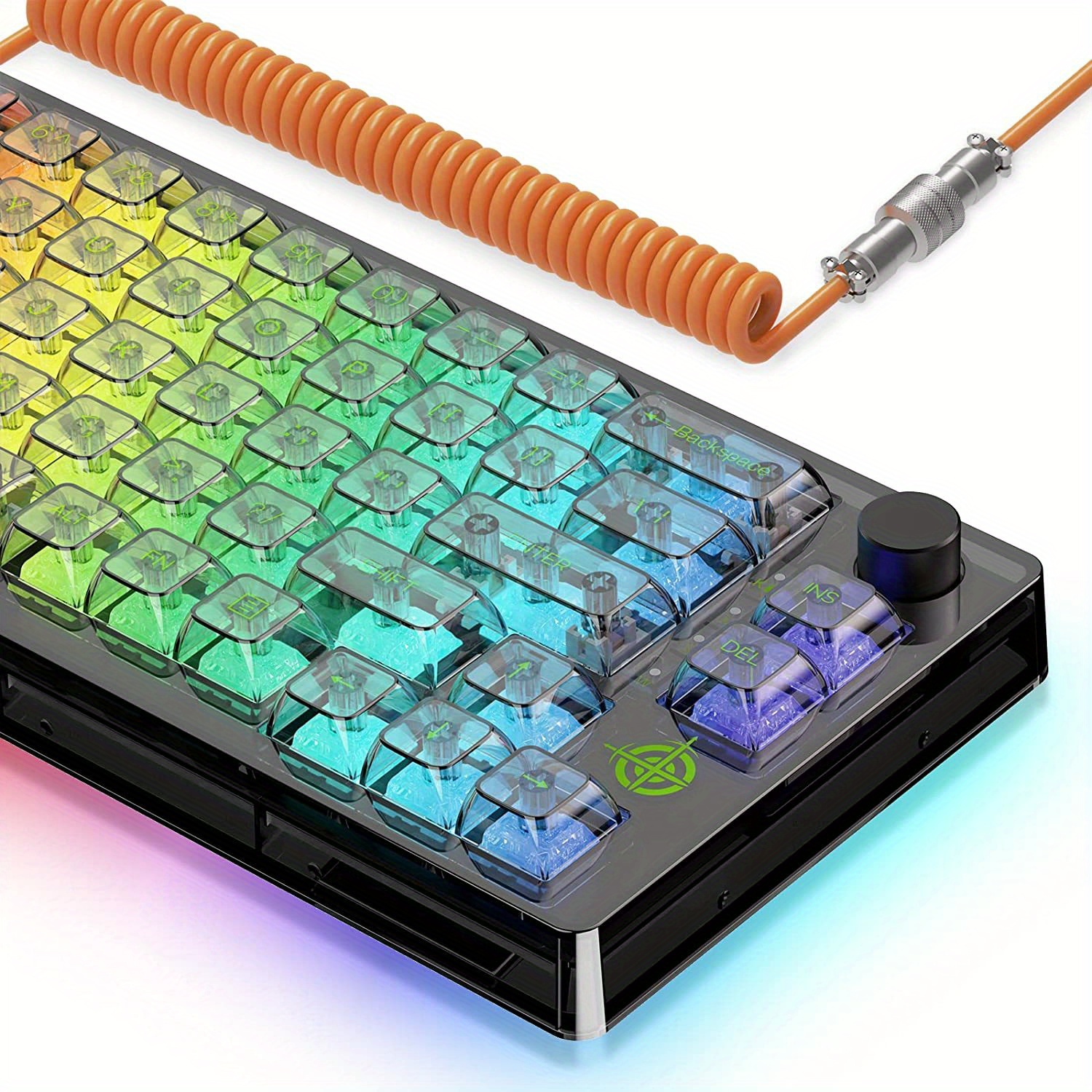 65 hot swap wired mechanical gaming keyboard programmable with transparent 66 key full side rgb owerty linear ice white switch custom coiled c to a cable media knob 2 in 1 case for win pc mac