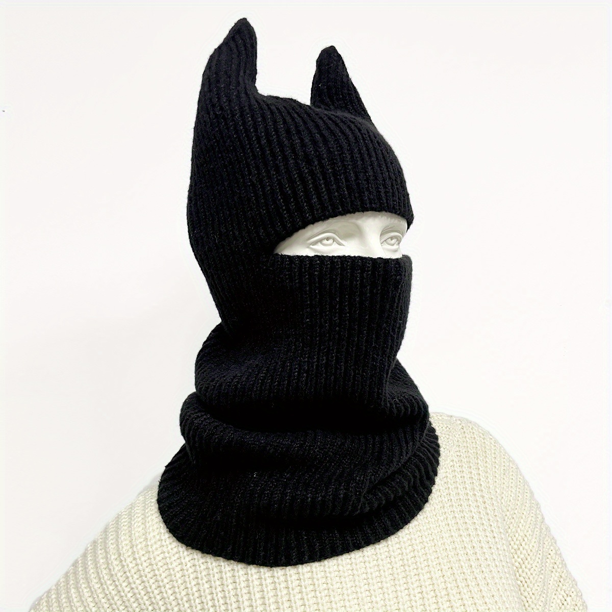 Image of Unisex Funky 3d Rabbit Ear Knit Hat - Solid Color Warm Winter Beanie With Elastic Band, Hand Washable For , Comfortable Knit Hat, Cozy Headwear, Design, Medium Stretch Fabric