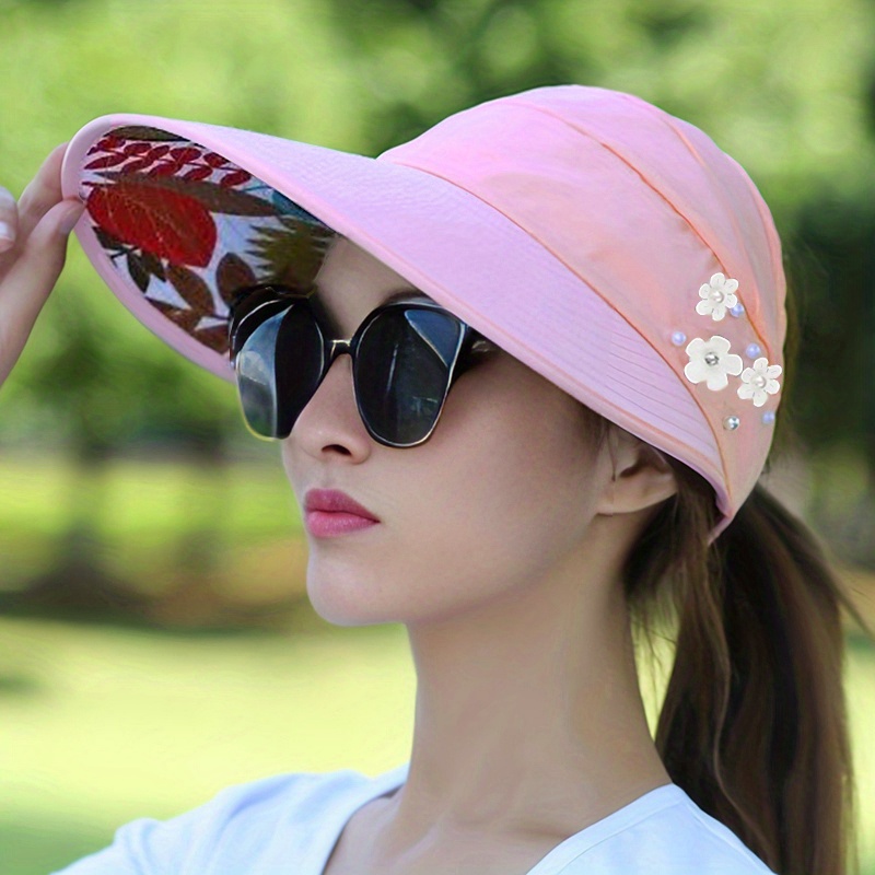 Xysaqa Womens Fashion Wide Brimmed Sun Visor Hat Sun Protection Bling Pearl  Hat for Outdoor Beach Travel Hats 