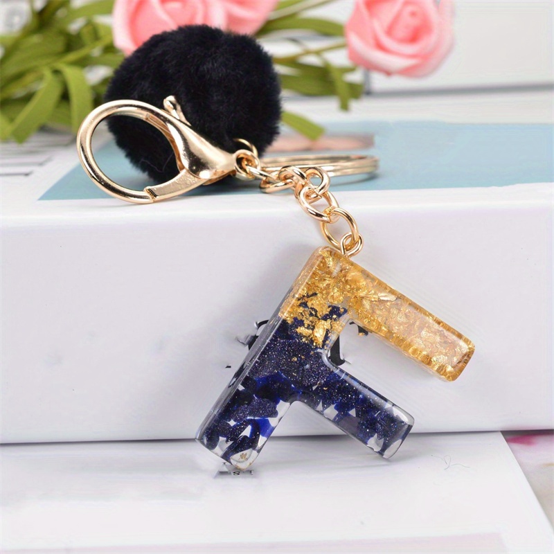 1Pc Black Pompom Letter Keychain English Alphabet Keyring Glitter Gradient  Resin Car Mirror Accessory Women Handbag Charms