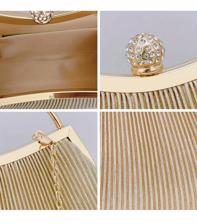 Ruched Evening Bag For Women, Top Ring Clutch Purse, Rhinestone