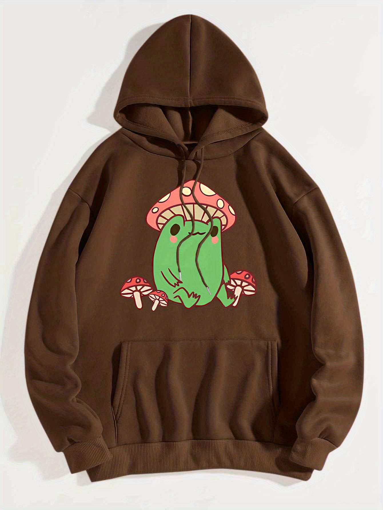 Mushroom Frog Print Drawstring Hoodie Casual Long Sleeve - Temu Canada