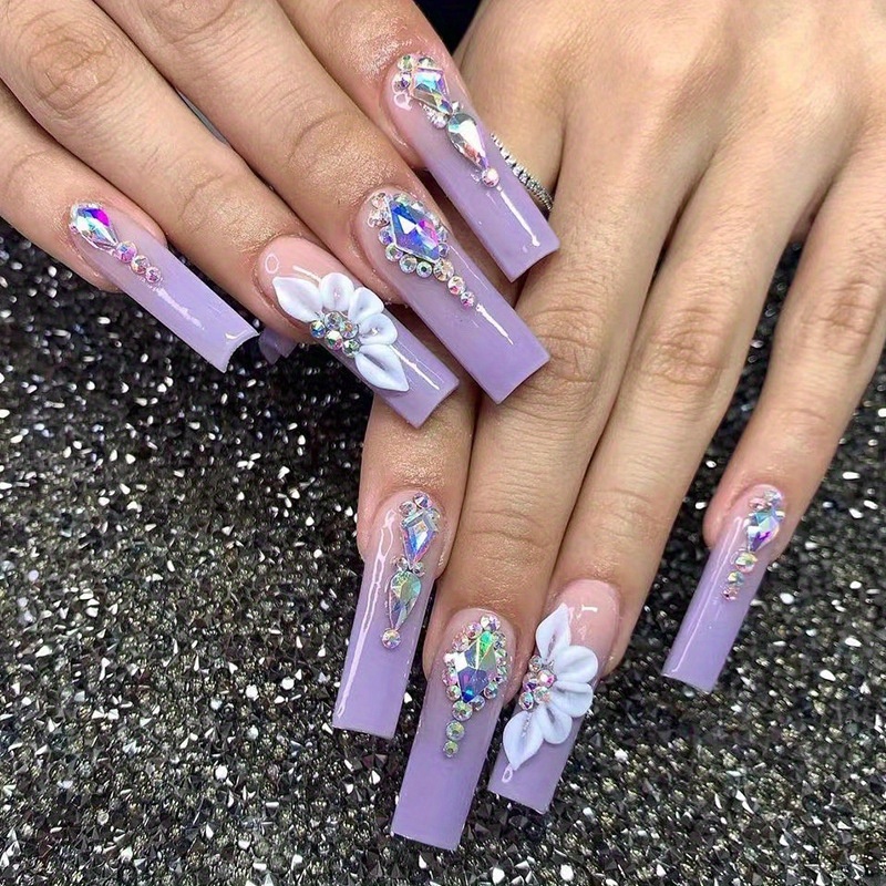 nail stones design  Purple acrylic nails, Acrylic nails coffin pink, Pink  acrylic nails