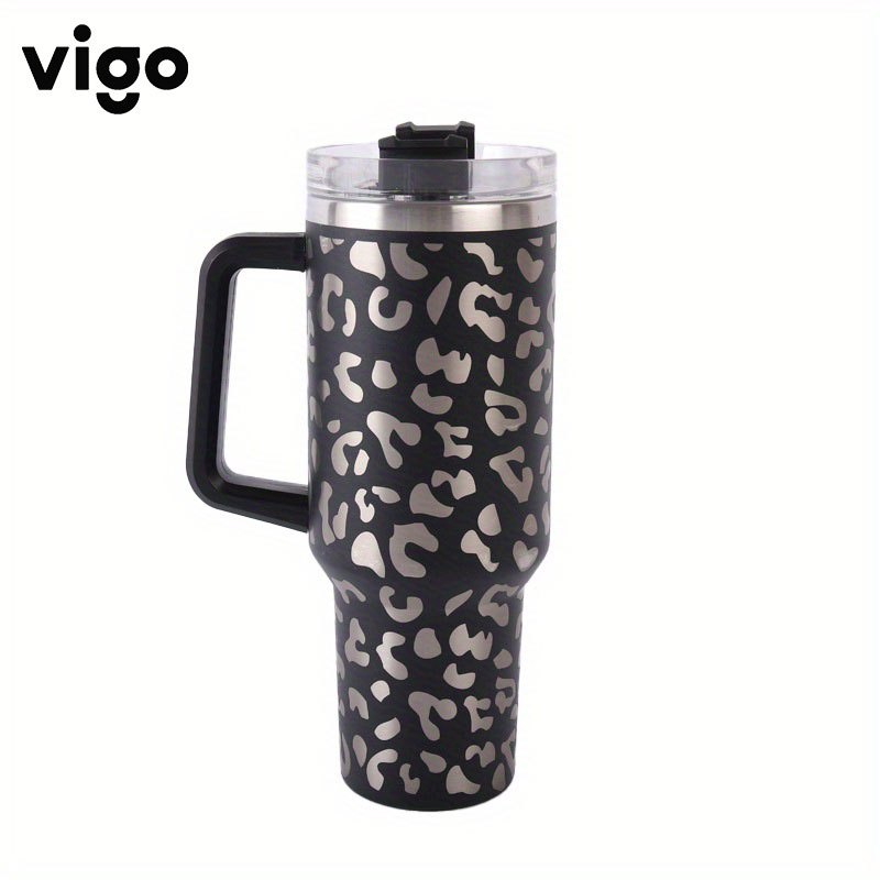 1pc Creative Leopard Print 40oz Vacuum Insulated Tumbler With Handle,  Portable Stainless Steel Travel Mug