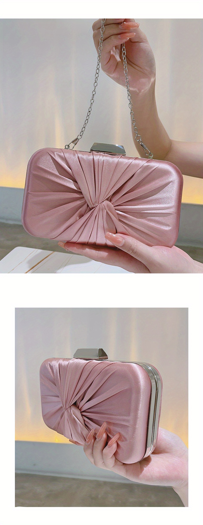 Metal Handle Chain Pleated Clutch Bag, Elegent Textured Cloth Frame Bag,  Classic Celebrity Dinner Evening Bag