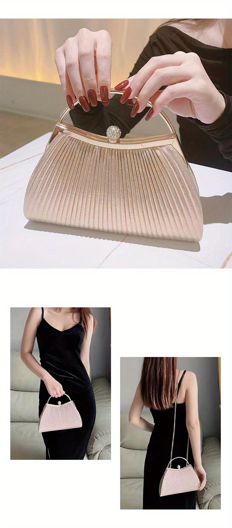 Ruched Evening Bag For Women, Top Ring Clutch Purse, Rhinestone
