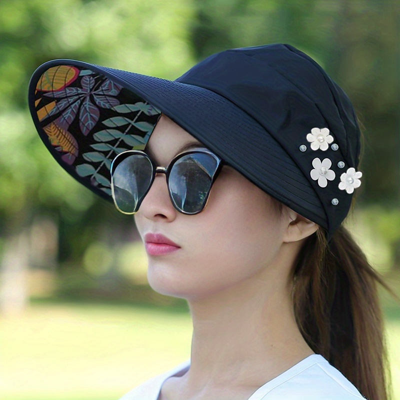 Wide Brim Sun Visor Foldable Picnic Hat Beach UV Protection Scallop for Outdoor with Faux Pearl & Flower, Women's Hat & Caps,Temu