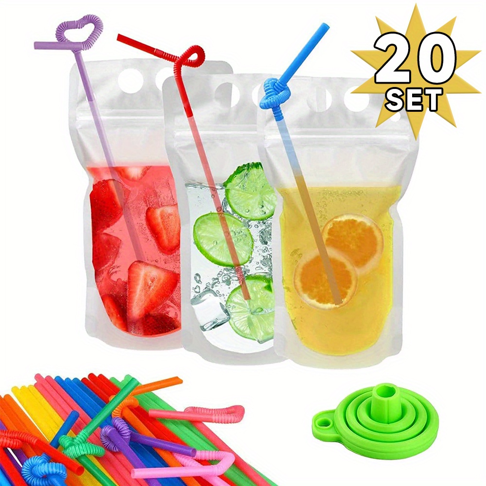 100PCS Drink Pouches Bag Stand-Up Zipper w/ Straw & Funnel for Cold & Hot  Drinks