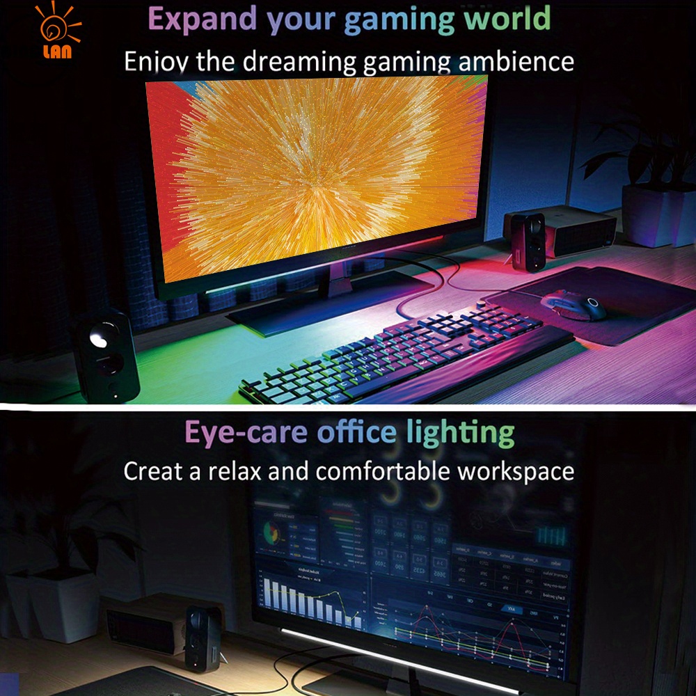 1set 2 in 1 under monitor light bar 2 pcs screenbar light desk lamp computer with app controlle color changing music sync led dynamic rainbow effect usb powered for pc setup keyboard light gaming room details 7