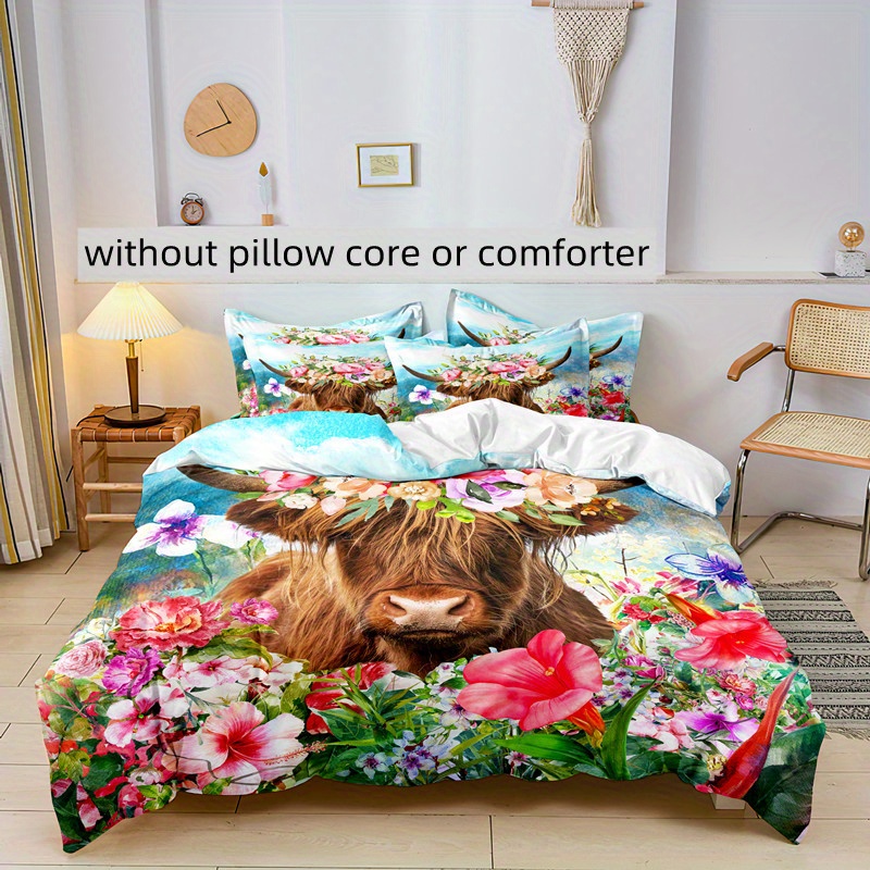 TEMU 1pc Vibrant Floral Cow Print Duvet Cover Set - Breathable Polyester, Comforter With Zip Closure, Machine Washable, Includes 1 Pillowcase & 2