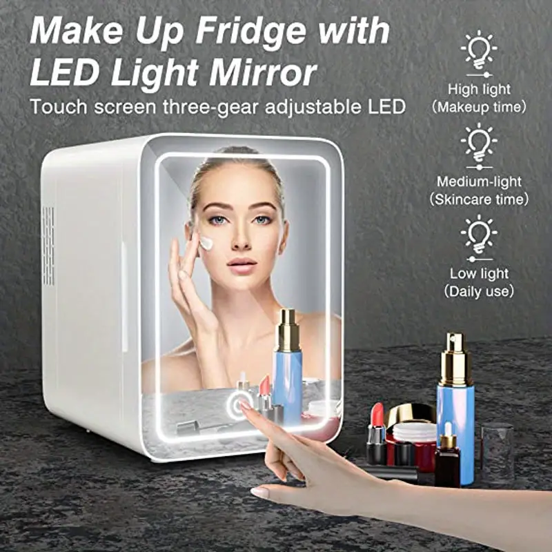 1pc mini mirror refrigerator 6l 8l can mini fridge with 3 adjustable light led mirror for skin care cosmetic makeup car and household dual use beauty refrigerator details 0