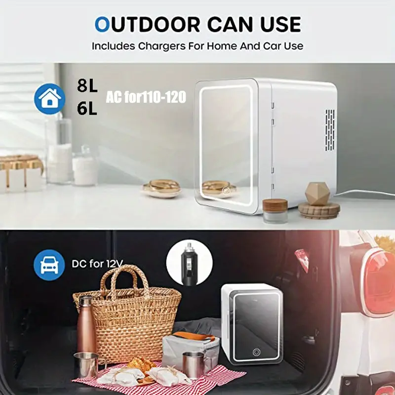 1pc mini mirror refrigerator 6l 8l can mini fridge with 3 adjustable light led mirror for skin care cosmetic makeup car and household dual use beauty refrigerator details 5