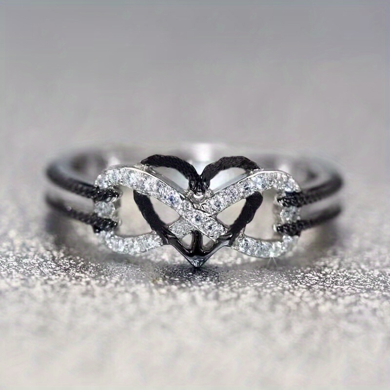 Anchor & Heart Ring | Two-Tone with CZ Stones - Rose & White Golden Plated Stainless Steel Promise Ring, Cubic Zirconia Cut Wing Band for Couples
