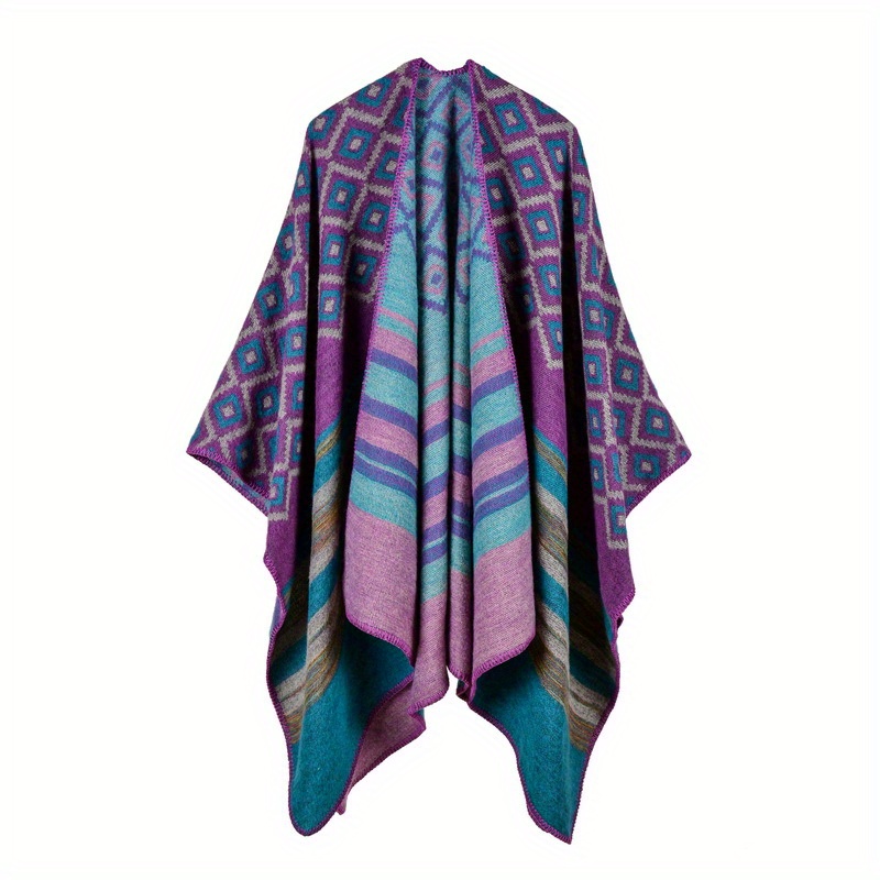 Vintage Block Hoodie Shawls Boho Geometric Jacquard Wrap Large Blanket Poncho