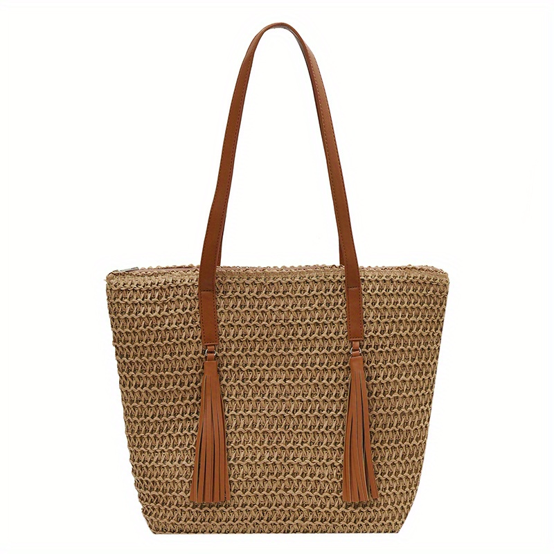 Straw Woven Tote Bag with Tassel Decor - Boho Style Summer Beach Bag