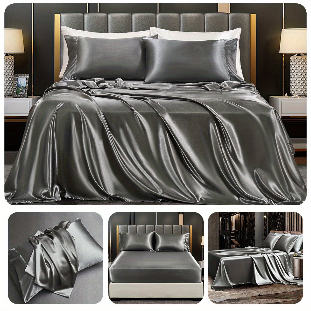 a set of 3 4 ordinary satin bed sheets without filling   1 fitted sheet and 1 flat sheet with 1   pillowcases no pillow inserts details 16