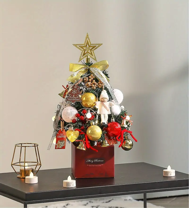 1pc mini christmas tree set with led light tabletop pre lit mini christmas tree set with pine cones ornaments balls bells best diy christmas decorations details 0