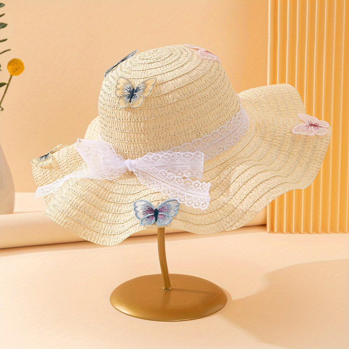 1pc Women Lace Streamer & Butterfly Decoration Sunscreen Sunshade Ruffle Straw Hat for Outdoor Beach Travel Vacation Sunscreen Hat ( Butterfly