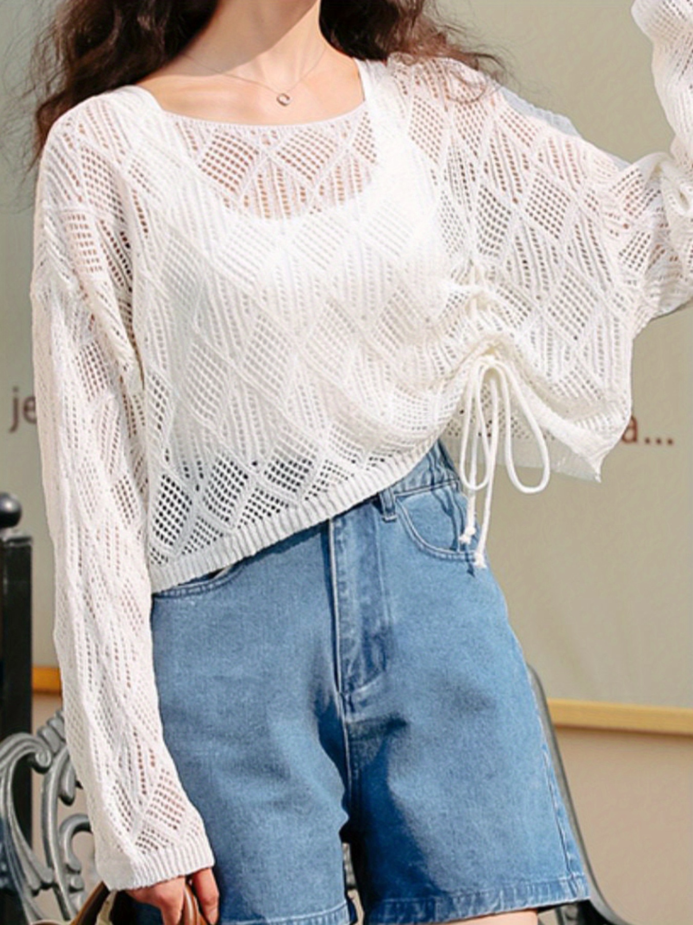 Crochet Cover Up Knitted Top, Casual Beach Wear Drawstring Sweater