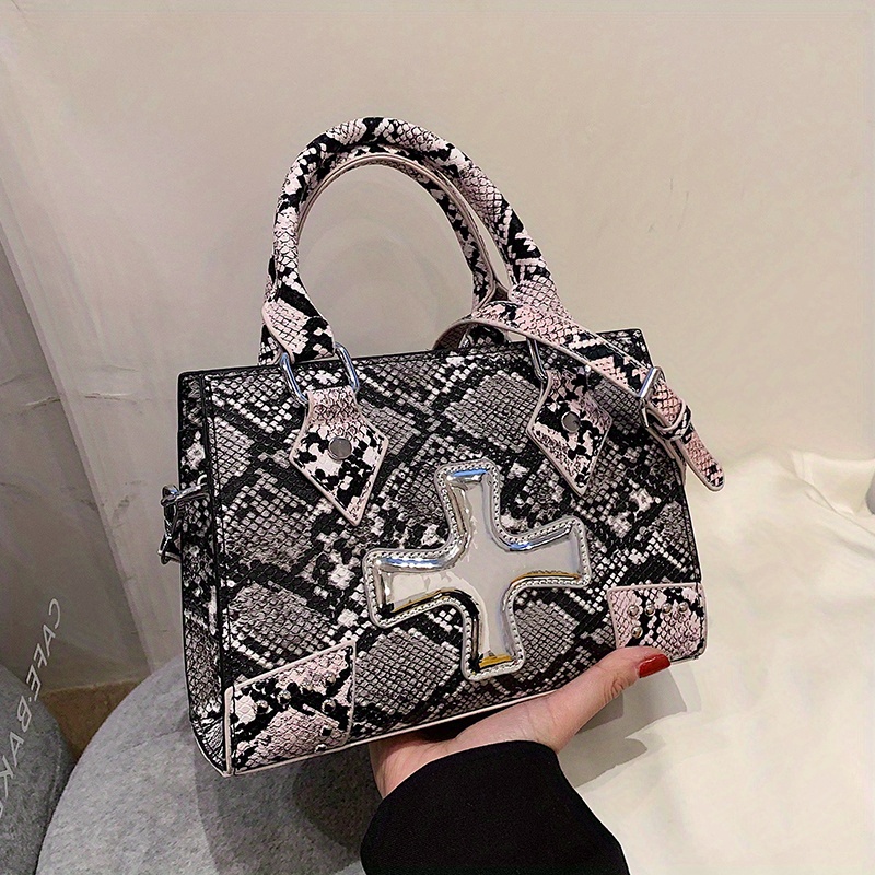 Colorblock Snake Skin Pattern Bag, Cross Patched Pattern Square