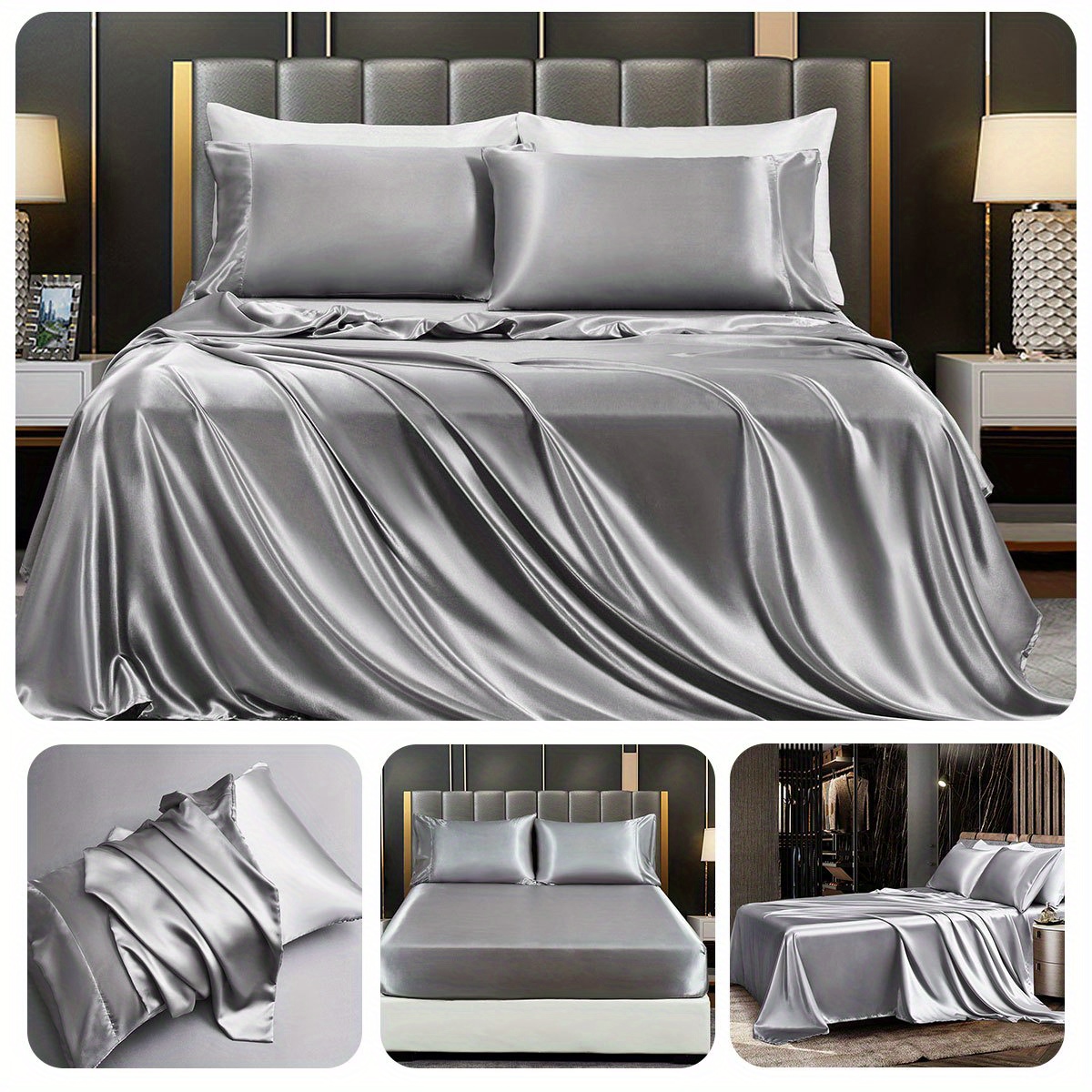 a set of 3 4 ordinary satin bed sheets without filling   1 fitted sheet and 1 flat sheet with 1   pillowcases no pillow inserts details 18