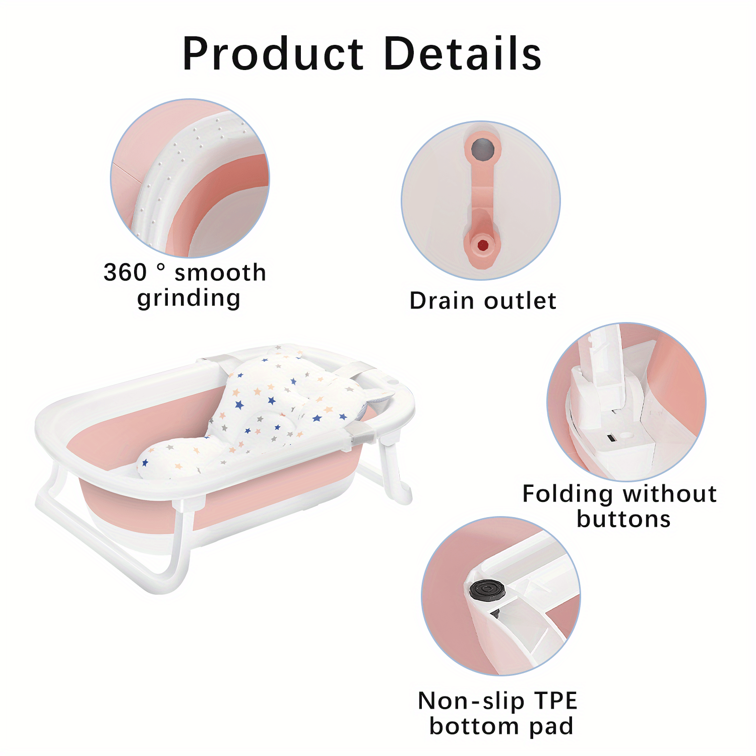 Collapsible Baby Bathtub for Infants to Toddler, Anti Slip Skid Proof  Foldable Toddler Bath Tubs with Cushion, Pink 