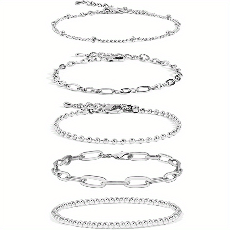 6pcs/set Dainty Silvery Bracelets Paperclip Chain Figaro Rope Chain Bracelet Gifts for Women Girls,Women's Jewelry,Temu