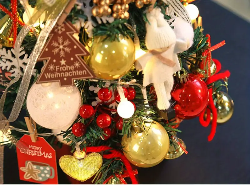 1pc mini christmas tree set with led light tabletop pre lit mini christmas tree set with pine cones ornaments balls bells best diy christmas decorations details 2