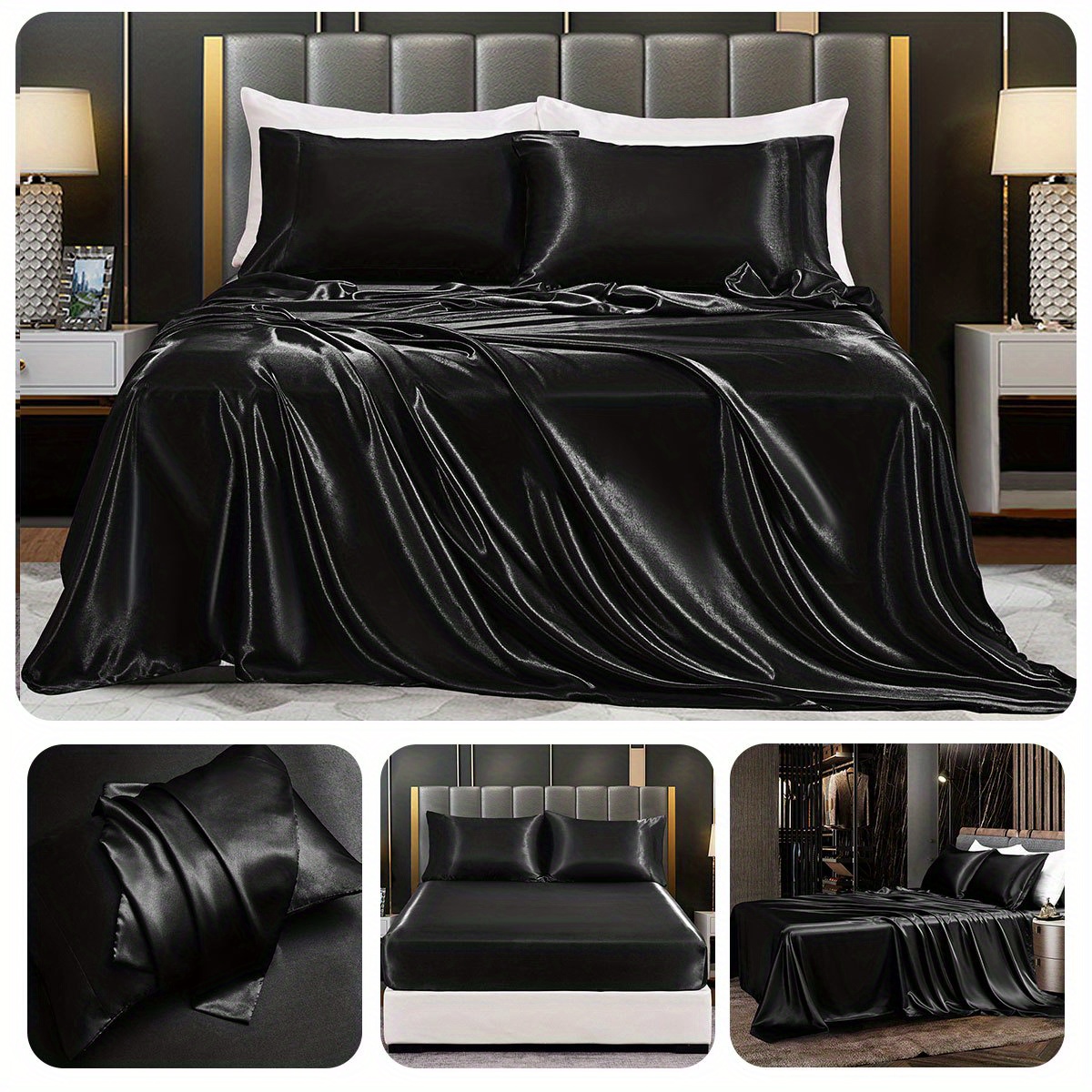 a set of 3 4 ordinary satin bed sheets without filling   1 fitted sheet and 1 flat sheet with 1   pillowcases no pillow inserts details 11