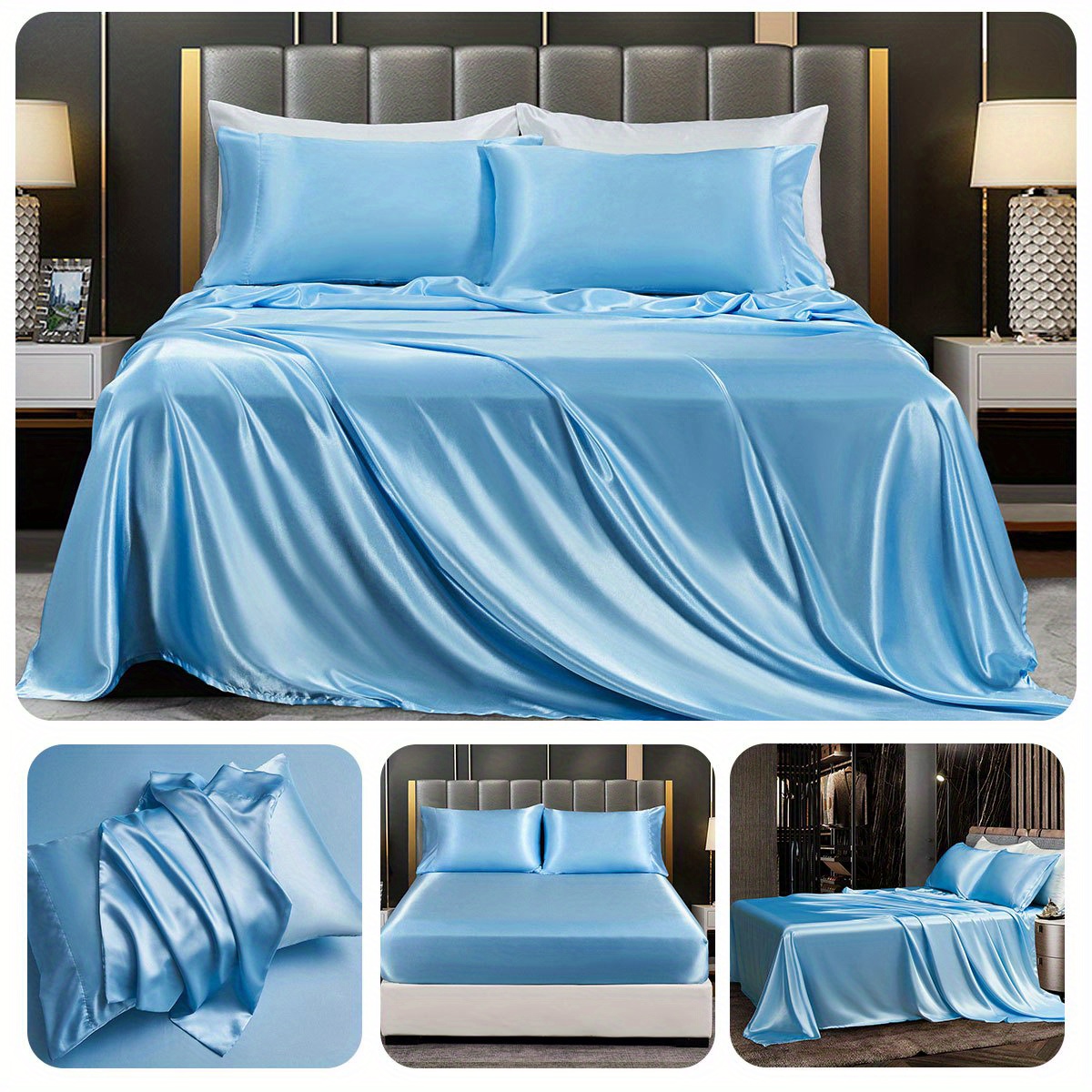 a set of 3 4 ordinary satin bed sheets without filling   1 fitted sheet and 1 flat sheet with 1   pillowcases no pillow inserts details 17