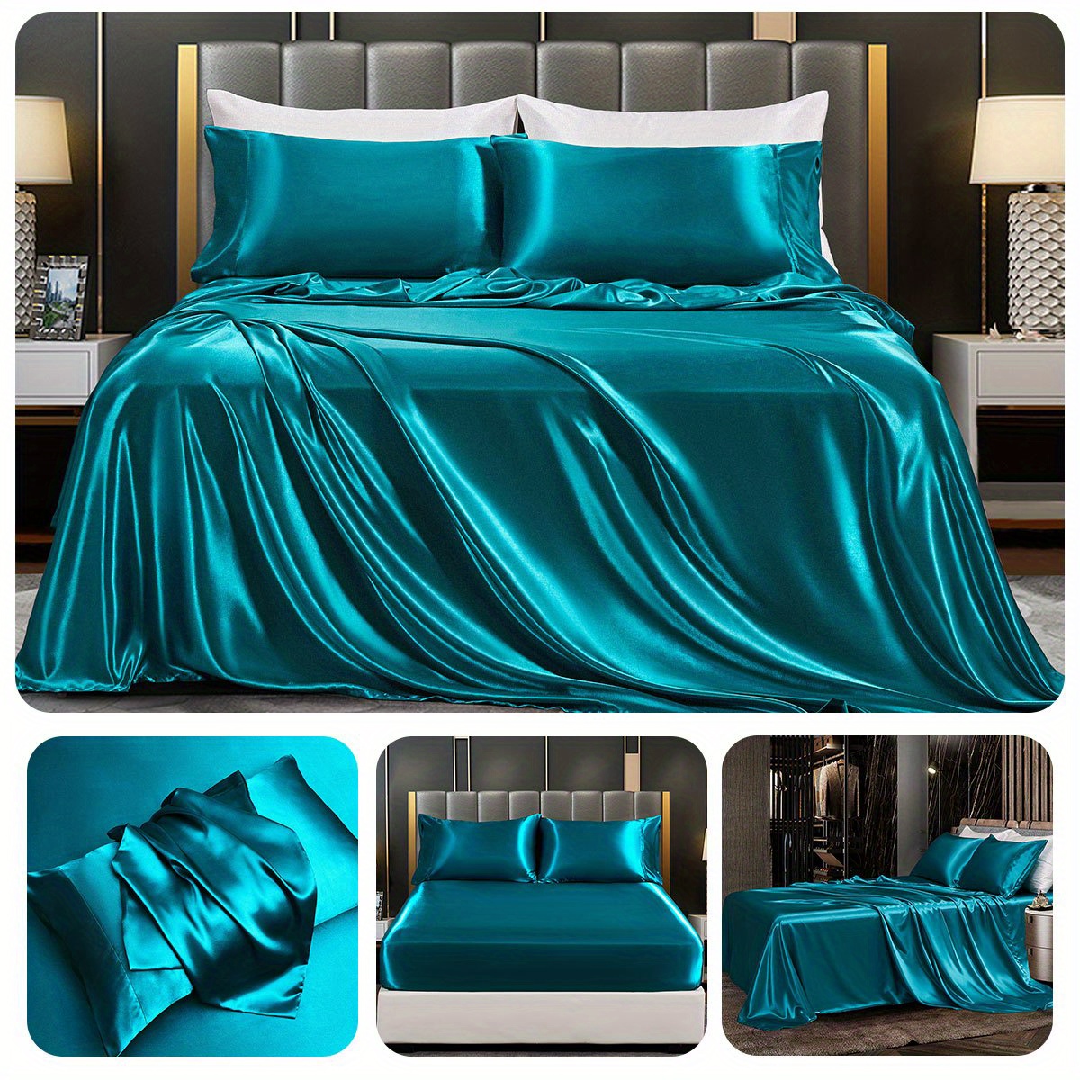 a set of 3 4 ordinary satin bed sheets without filling   1 fitted sheet and 1 flat sheet with 1   pillowcases no pillow inserts details 14