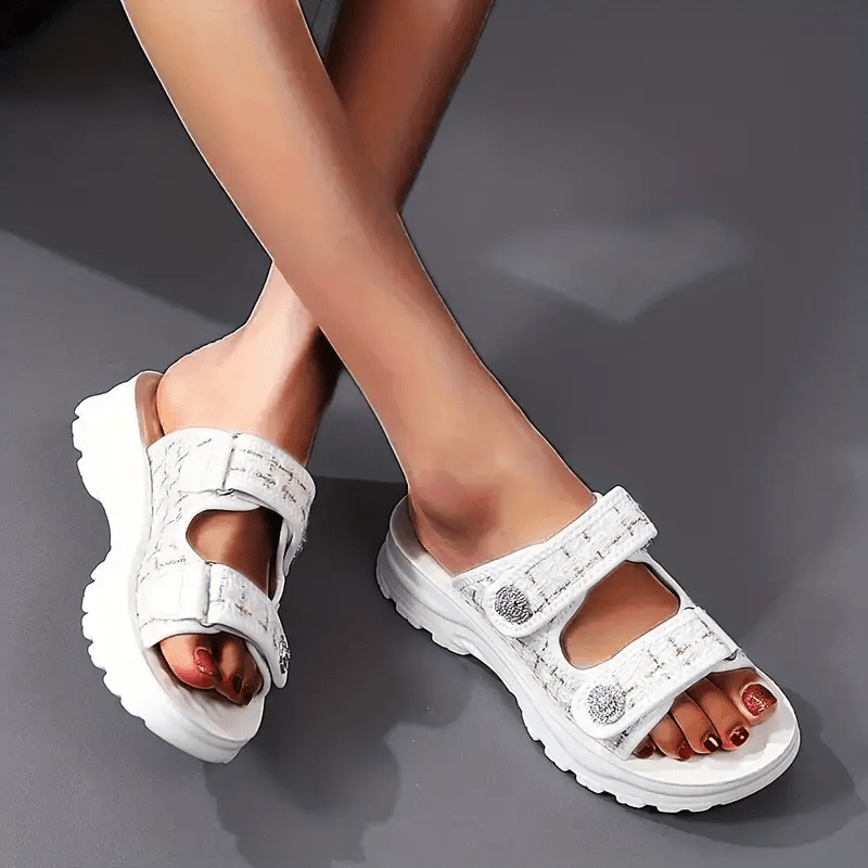 Platform Hook And Loop Sandals, WHITE