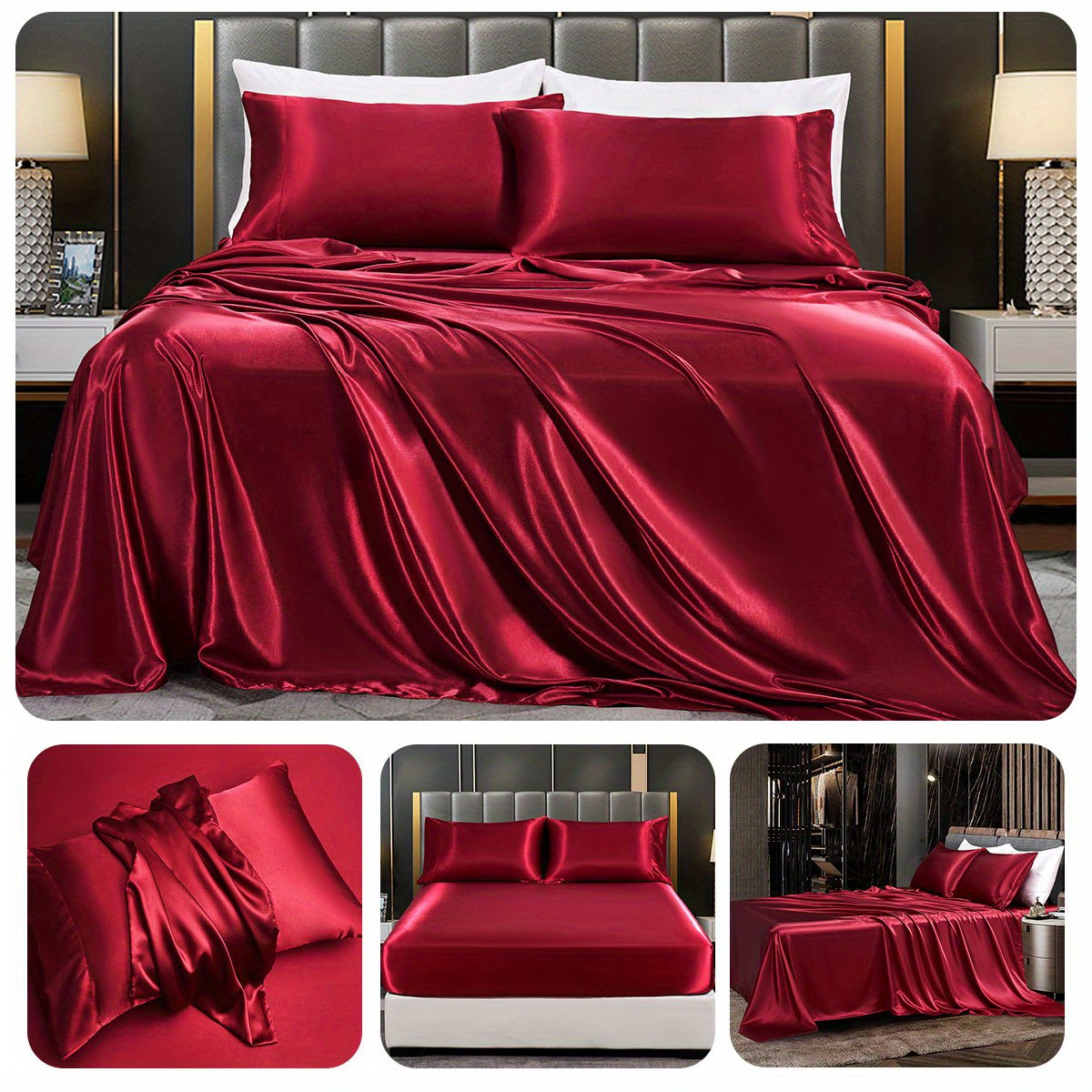 a set of 3 4 ordinary satin bed sheets without filling   1 fitted sheet and 1 flat sheet with 1   pillowcases no pillow inserts details 12