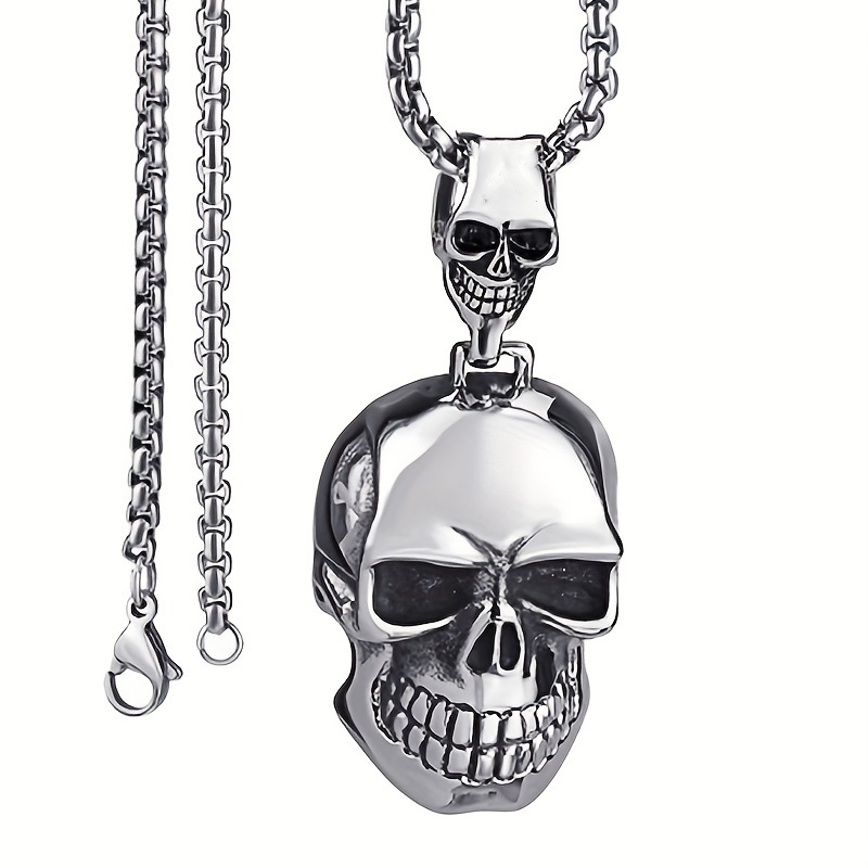 Image of 1pc Men's Vintage Gothic Big Skull Pendant Necklace | Punk Rock Party Jewelry, Non-magnetic Alloy Accessory