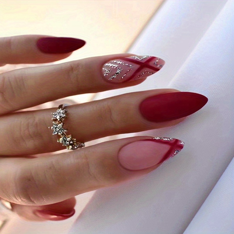 Glossy Red Rhinestone Press On Nails For Women And Girls - Temu