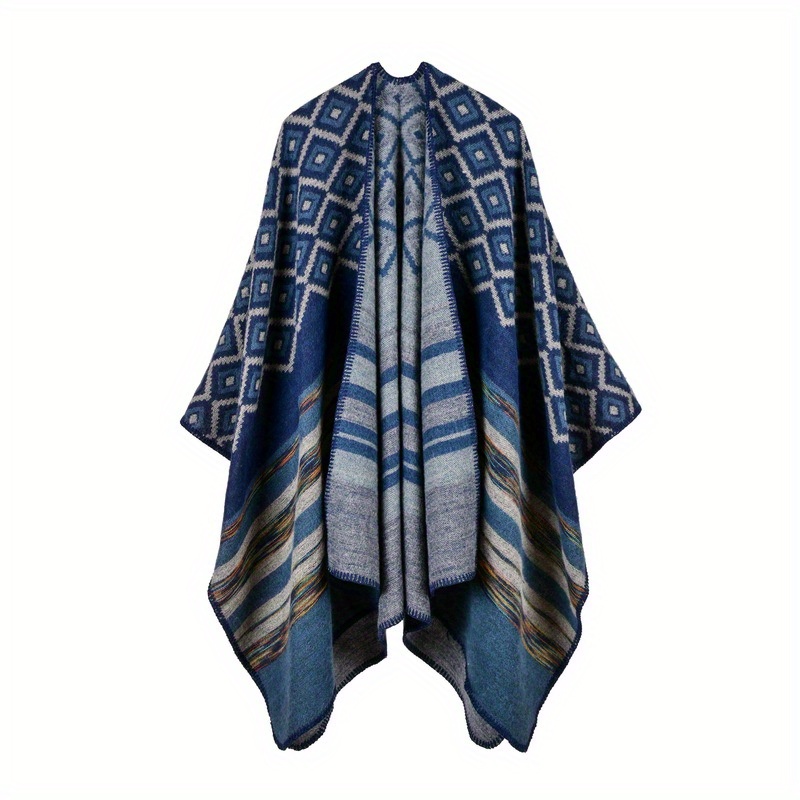 Vintage Block Hoodie Shawls Boho Geometric Jacquard Wrap Large Blanket Poncho
