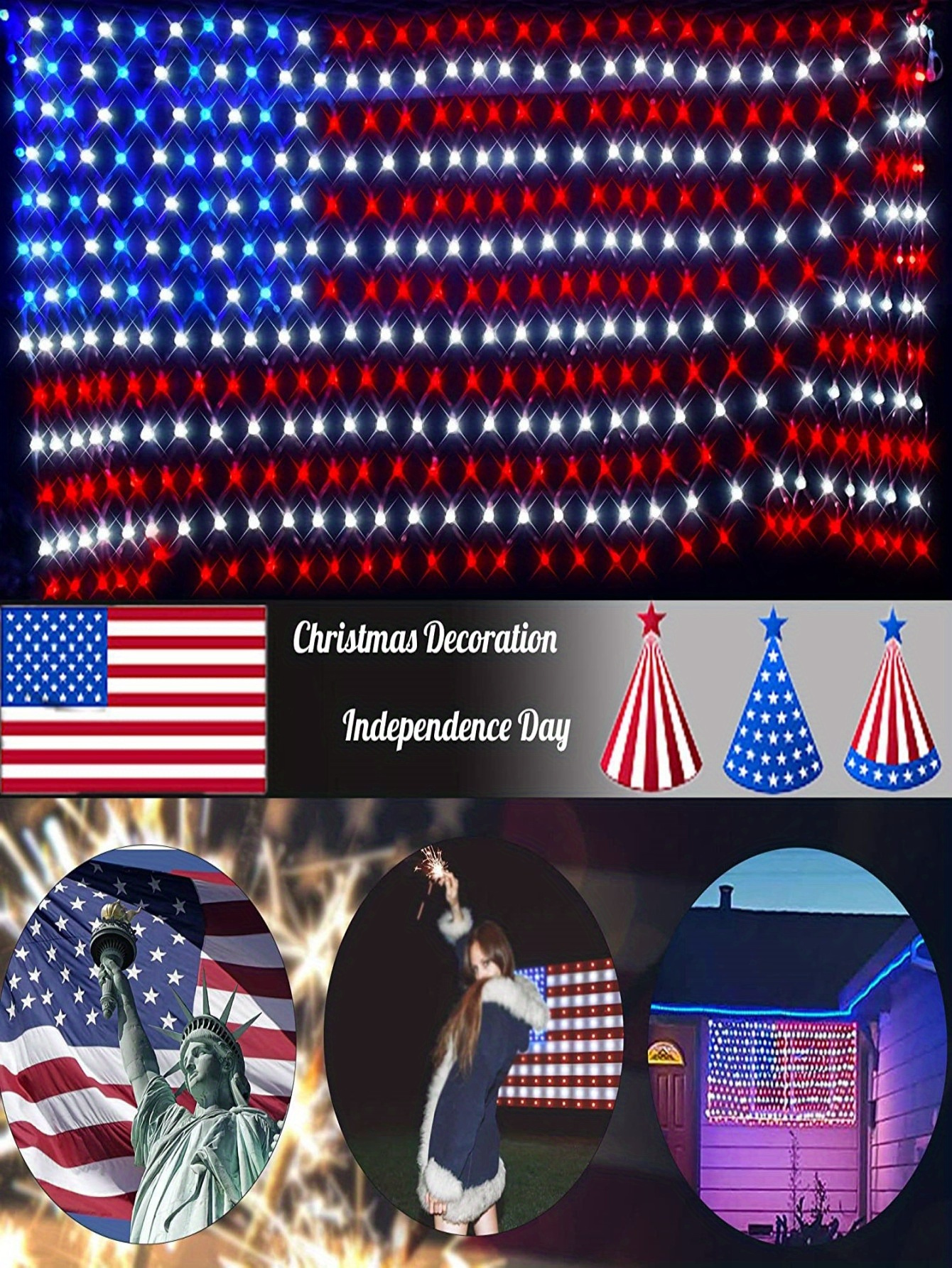 1pc american flag net light solar energy outdoor waterproof led flag string lights for festival home decor room decor garden decor independence day party favors details 1