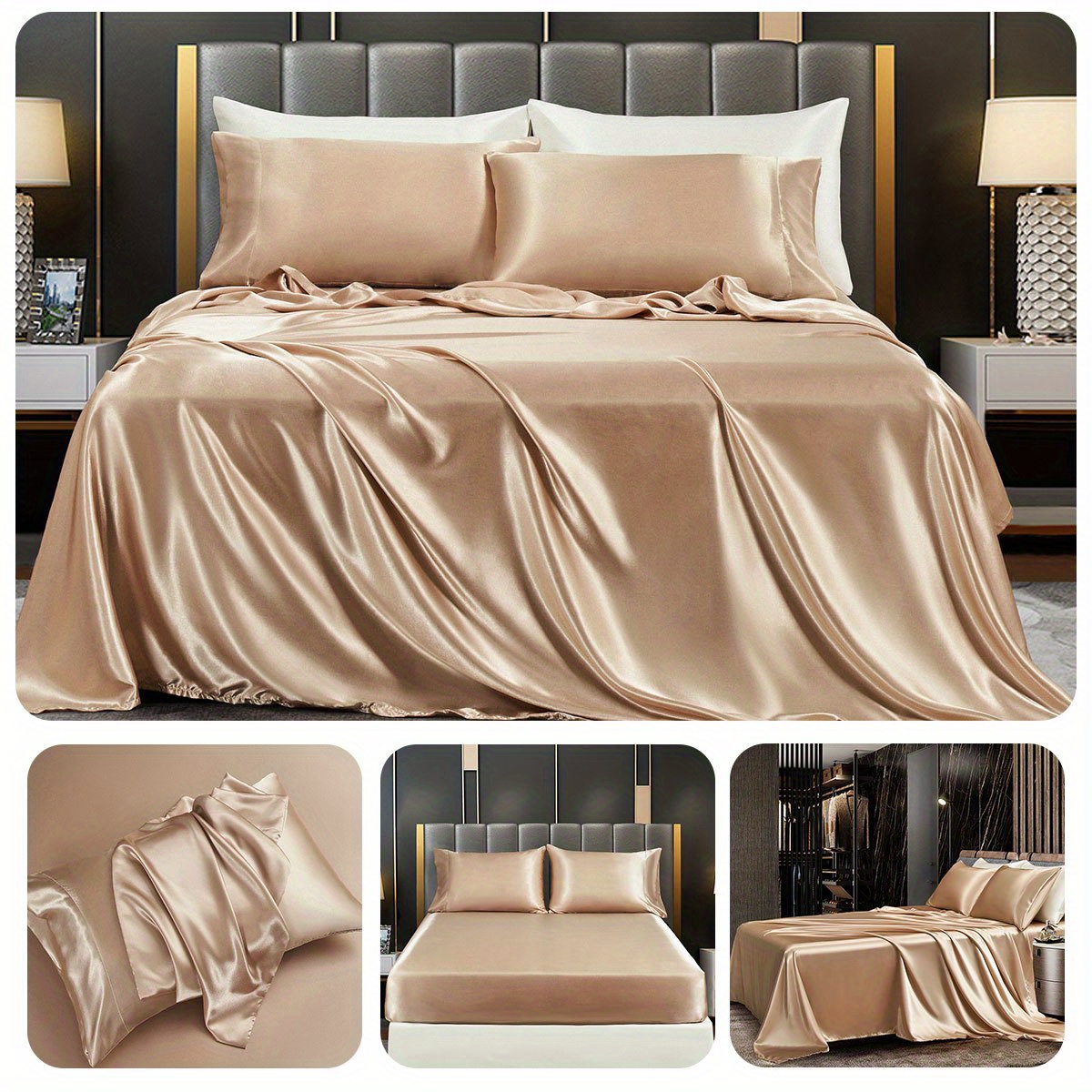 a set of 3 4 ordinary satin bed sheets without filling   1 fitted sheet and 1 flat sheet with 1   pillowcases no pillow inserts details 13