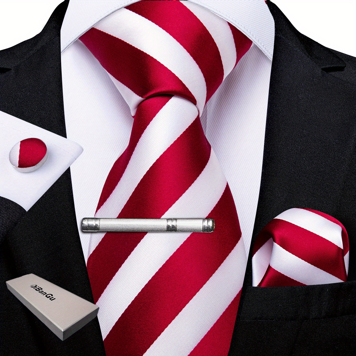 Seaton - Set of 6: Striped Neck Tie + Cufflinks + Tie Clip +