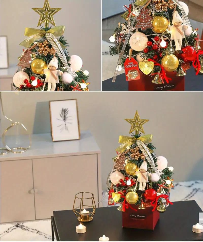 1pc mini christmas tree set with led light tabletop pre lit mini christmas tree set with pine cones ornaments balls bells best diy christmas decorations details 1