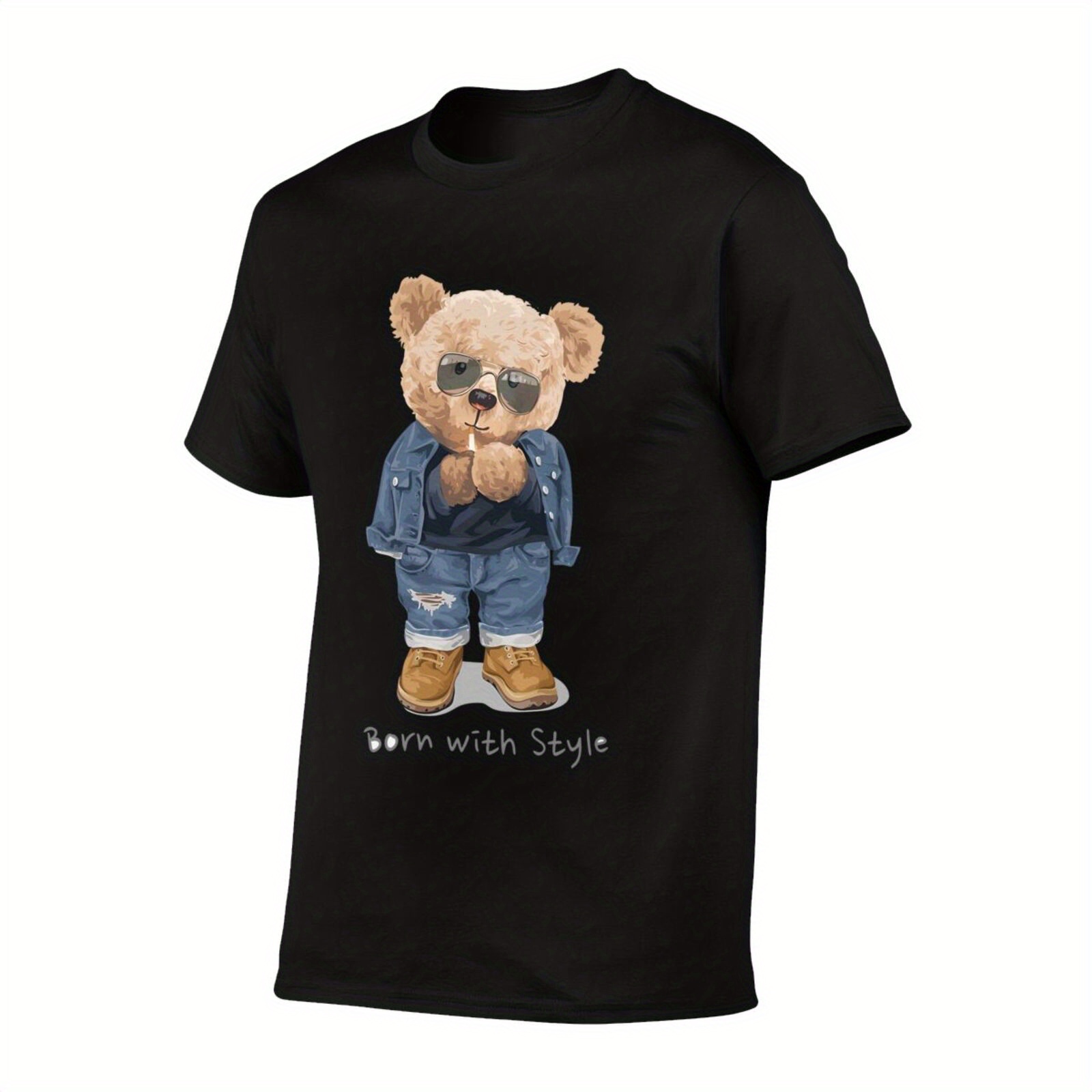 Trendy Smoking Bear Pattern Print Mens Comfy T Shirt Graphic Tee