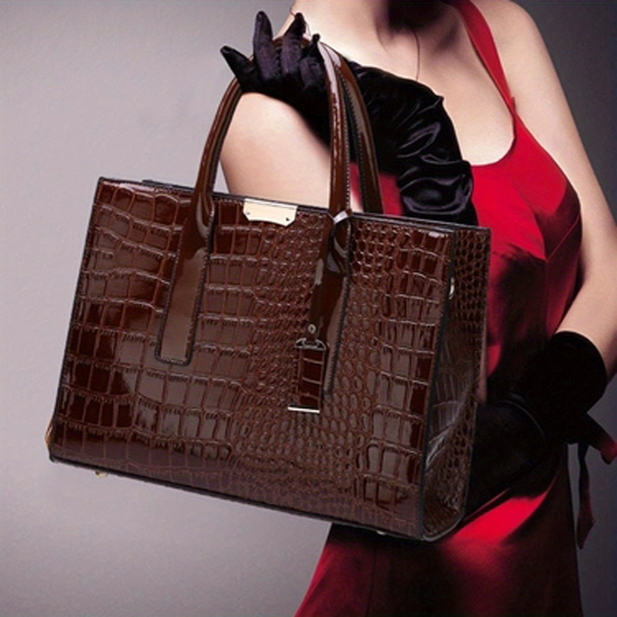 Elegant Crocodile Embossed Tote Bag, Large Capacity Satchel Bag