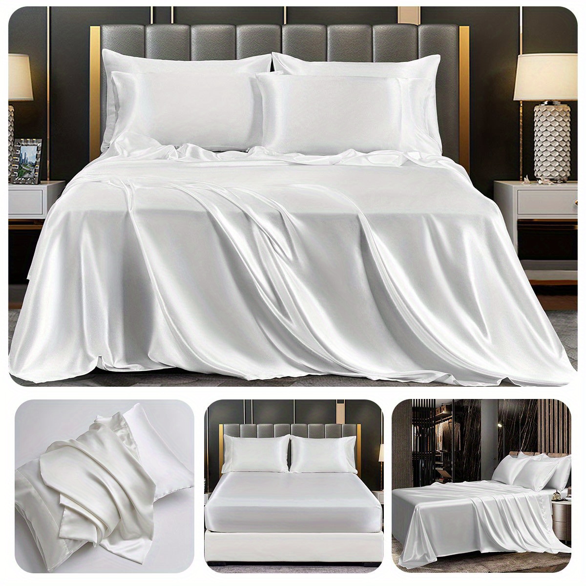 a set of 3 4 ordinary satin bed sheets without filling   1 fitted sheet and 1 flat sheet with 1   pillowcases no pillow inserts details 15