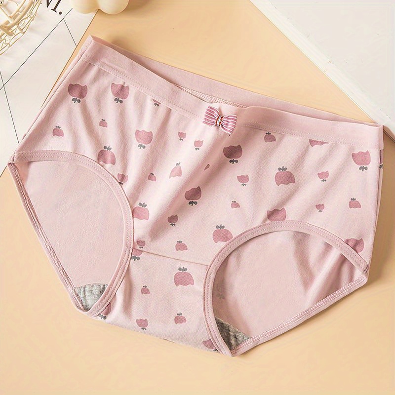 5pcs Floral Print Briefs, Sweet & Cute Bow Tie Skin-friendly Panties,  Women's Lingerie & Underwear